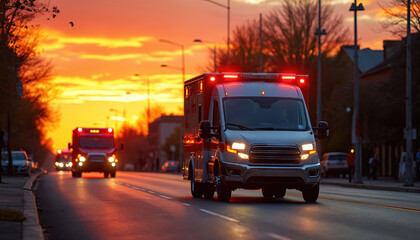 Ambulance, firetruck race down city street at sunset. Emergency vehicles with flashing lights navigate traffic during golden hour. Urgent rescue mission in urban landscape. Dramatic sky with orange,