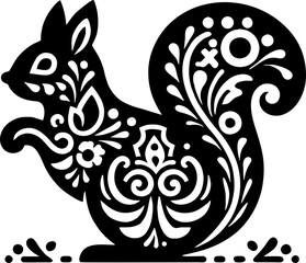 Squirrel Solid Black Color Vector Silhouette in Mexican Folk Art Style