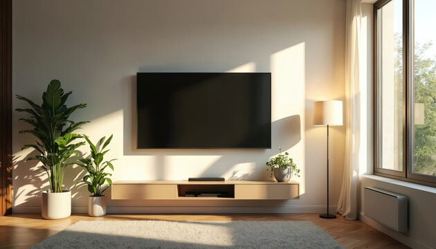 Contemporary living room features sleek wall-mounted TV, soft glowing lamp. Morning light streams through large windows, illuminating space with cozy, minimalist ambiance. Plush rug, green