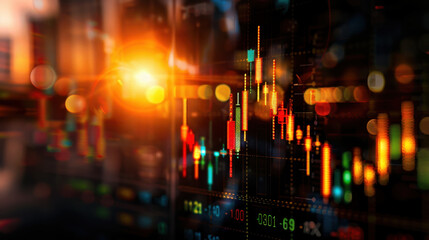 Dynamic financial market data visualization with vibrant candlestick charts and glowing light effects, representing investment trends and economic activity