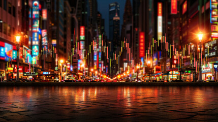 Vibrant cityscape night showcases colorful lights and bustling streets, with financial chart overlay symbolizing market trends and economic activity. scene evokes sense of energy and opportunity