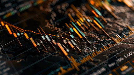 Visualize dynamic financial chart displaying fluctuating market trends with vibrant orange and teal colors. intricate details of graph represent data analysis and investment strategies