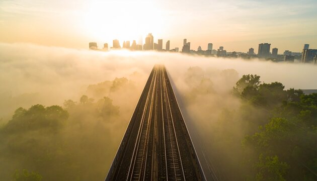 Elevated railway tracks stretching into the distance, fading into thick morning fog, soft golden sunrise  - Powered by Adobe