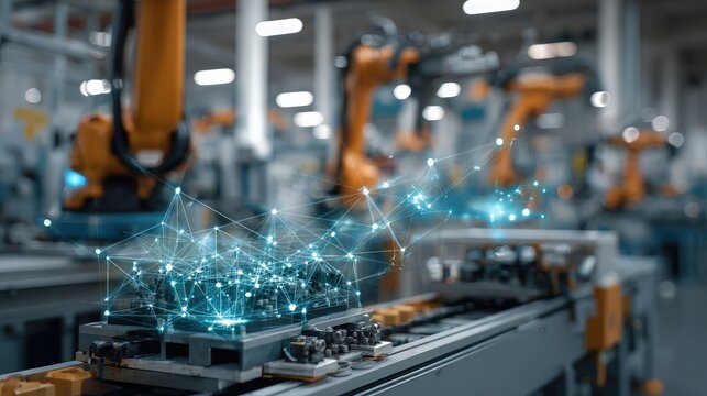 Transparent overlay showing industrial network connections over equipment in motion