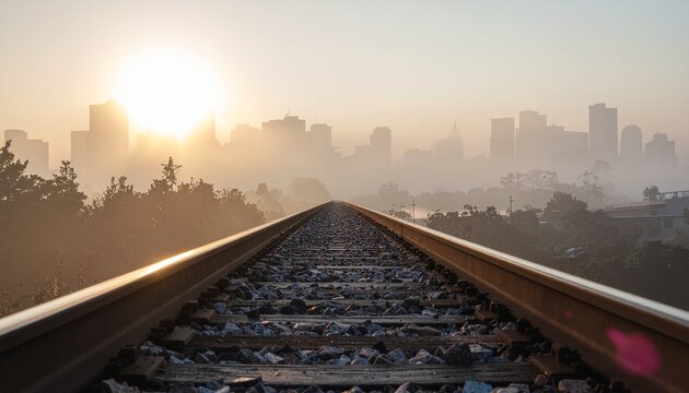 Elevated railway tracks stretching into the distance, fading into thick morning fog, soft golden sunrise 