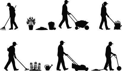 Gardening worker silhouettes, people using rake, lawn mower, wheelbarrow, watering can, planting flowers, outdoor maintenance, landscaping, farming, black vector icons set