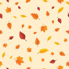 Seamless autumn pattern with leaves on yellow background. Flat autumn forest leaves