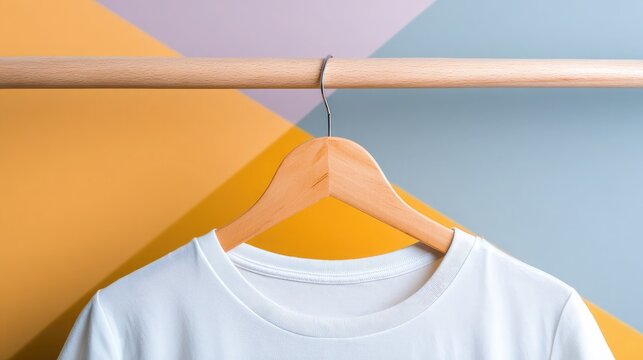 White T-shirt on clothes hanger with abstract colored background and soft studio lighting