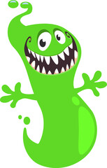Cartoon cute ghost monster with funny excited face expression waving hands . Vector illustration isolated on white. Halloween design