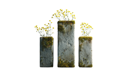 Tall Weathered Stone Blocks with Yellow Wildflowers and Moss on Transparent Background