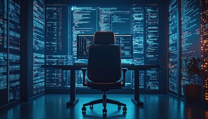 Empty Modern Workspace With Glowing Screens