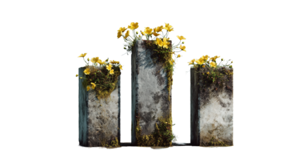 Moss Covered Stone Columns with Yellow Wildflowers on Transparent Background