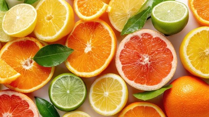 Fototapeta premium Assortment of whole and halved citrus fruits including oranges, lemons, and limes on a white surface