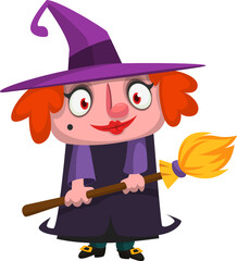Cute cartoon witch character design. Halloween vector illustration of red haired  witch lady in big hat with a broom. 