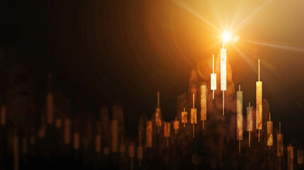 Golden candlestick chart representing financial growth and market trends, illuminated by bright light, symbolizing hope and prosperity in investment opportunities