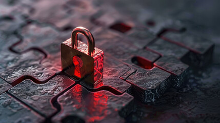 Shiny padlock rests on dark, textured puzzle piece, illuminated by soft red glow, symbolizing security and mystery. intricate details of lock and puzzle create captivating visual
