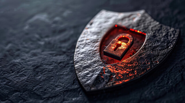 Metallic shield with glowing red padlock symbolizes security and protection. textured surface adds depth, conveying sense of strength and reliability in safeguarding information