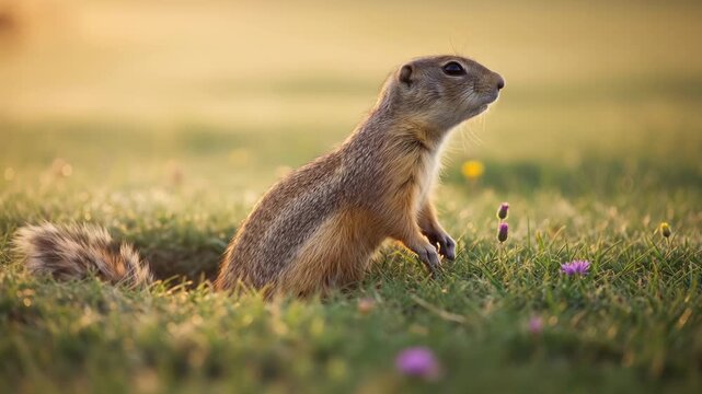 Cute ground squirrel in green grass field peeking out of its burrow during sunny day. Animal nature wild wildlife outdoors scene.