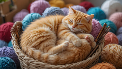 Adorable young orange tabby kitten sleeping soundly in a wicker basket