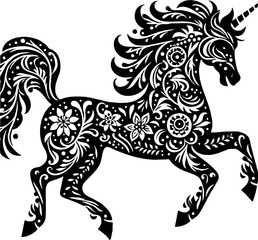 Elegant Unicorn Silhouette in Mexican Folk Art Style, Solid Black Vector Design
