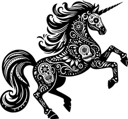 Elegant Unicorn Silhouette in Mexican Folk Art Style, Solid Black Vector Design