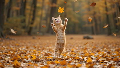 A young woman with an orange tabby cat enjoying the autumn leaves in a park