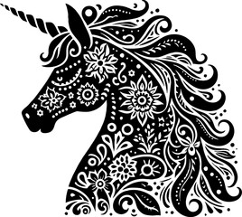 Elegant Unicorn Silhouette in Mexican Folk Art Style, Solid Black Vector Design