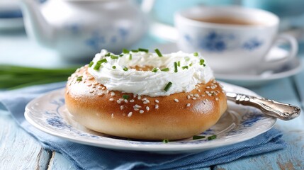 Bagel with cream cheese and chives set neatly on a plate on white