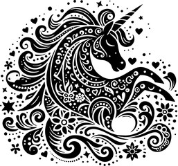 Elegant Unicorn Silhouette in Mexican Folk Art Style, Solid Black Vector Design