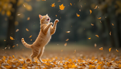 Cute tabby cat sitting among red autumn leaves in a forest park