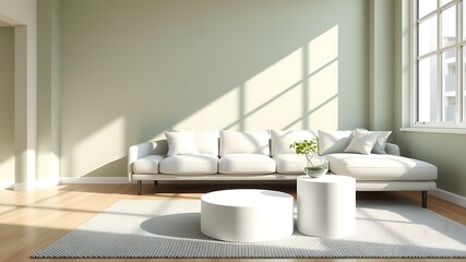 Illustration of a stylish living room with a large sectional sofa and two round coffee tables