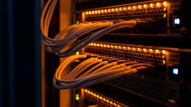 Close-up of data center with network cables connected to servers, for data and technology concepts.