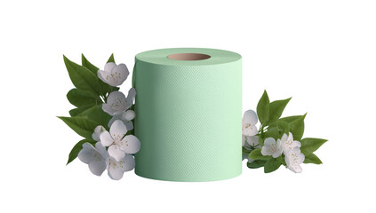 Mint Green Toilet Paper Roll with White Flowers and Leaves &ndash; Eco Bathroom Concept on Transparent Background 