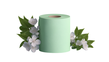 Mint Green Toilet Paper Roll with White Flowers and Leaves – Eco Bathroom Concept on Transparent Background 