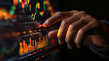 Hand touching digital screen with financial data, stock market graphs, and trading indicators, showcasing technology and investment analysis