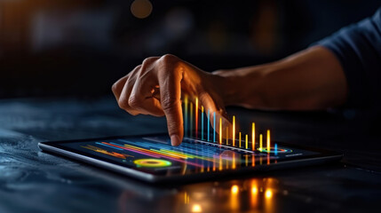 Person interacts with digital tablet displaying colorful data visualizations and graphs, showcasing technology and analytics modern setting. vibrant colors and dynamic elements evoke sense