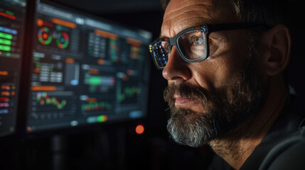 Focused individual analyzes data on multiple screens, showcasing modern workspace filled with graphs and statistics. atmosphere is intense, reflecting importance of data driven decisions