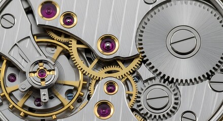 Close up of intricate watch mechanism with gears, cogs, and ruby jewel bearings.