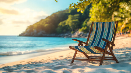 Wooden deck chair on sandy beach with clear blue sky, symbol of summer holiday relaxation, perfect for travel promotions, resort marketing, or vacation-themed advertising with copy space