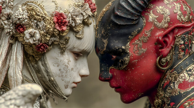 Scarred Seraph Face Against Armored Demon Warlord Close-Up