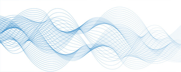 Abstract, digital-style background with series intertwined, flowing waveforms made of smooth, fine aqua blue lines. Modern art, technology, motion graphics.Wave lines for banners, © ATIA
