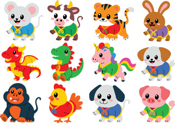 Obraz premium Adorable Cartoon Animals Wearing Matching Clothes Mouse, Cow, Tiger, Rabbit, Dragon, Unicorn, Dog, Pig