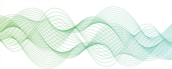 Abstract, digital-style background with series intertwined, flowing waveforms made of smooth, fine aqua green lines. Modern art, technology, motion graphics.Wave lines for banners,