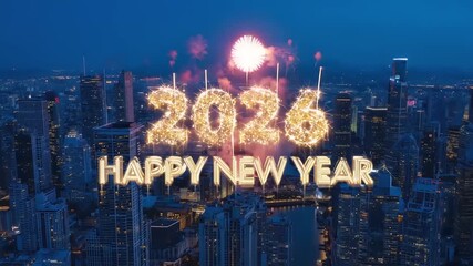 City skyline at night with festive golden "Happy New Year 2026" text overlay and fireworks - Powered by Adobe