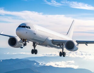 Obraz premium White Airplane In Flight Over Clouds And Mountains