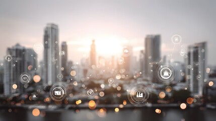 Cityscape with superimposed digital interface showing various icons.