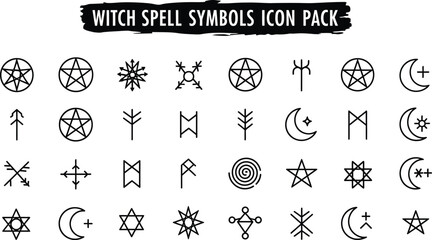 A collection of various witch spell symbols and icons in a vector format