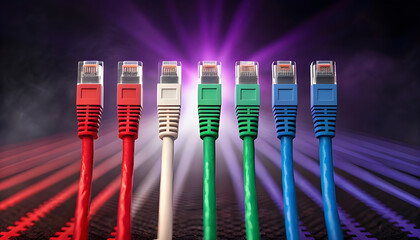 A row of colorful ethernet cables with a purple light effect in the background