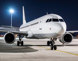 Naklejka premium White Airplane On Airport Runway At Night