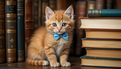Cute cat sitting with books looking curious
